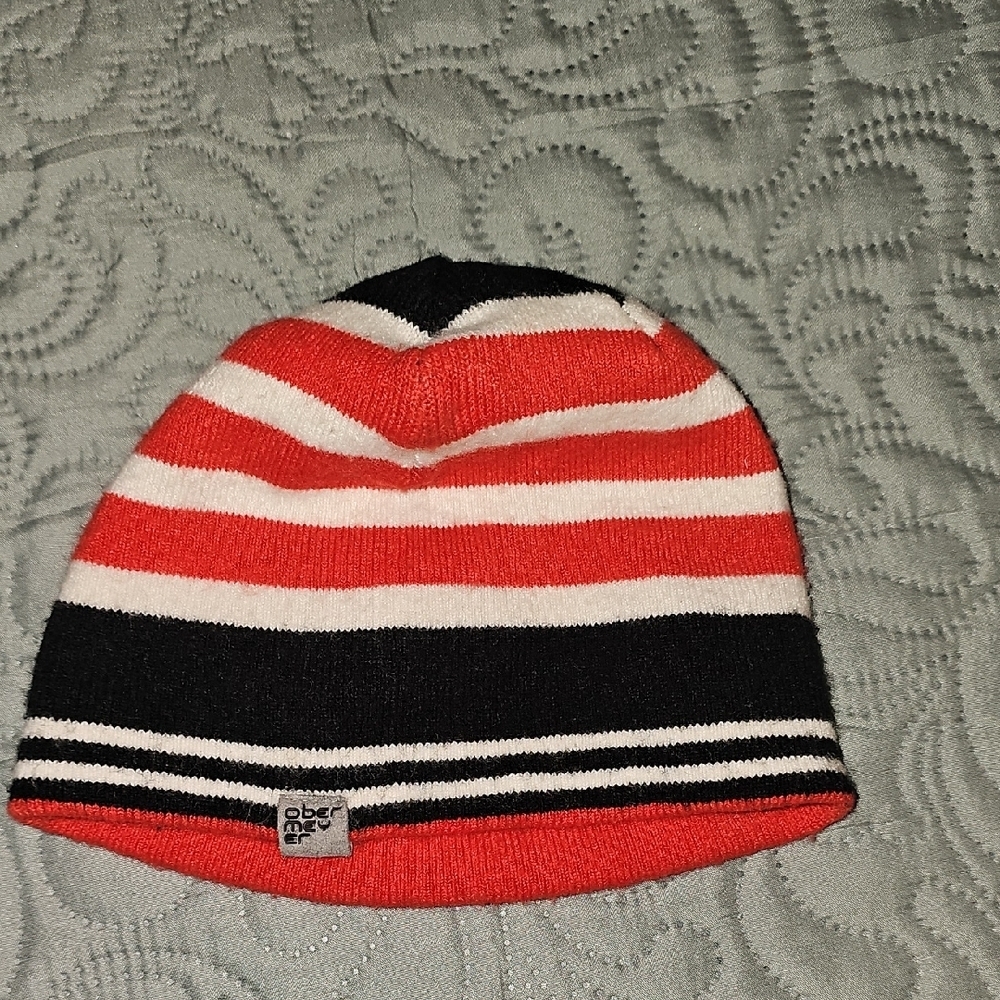Obermeyer Salmon and Black Striped Beanie